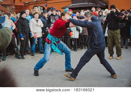 Russia. Moscow. Red Square. February 26, 2017. mass brawl of hooligans and fans in the center of Moscow. Street Fight