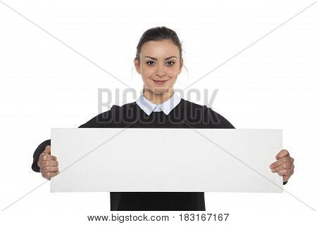 Beautiful Cheerful Woman Holding A Blank Billboard, Copy Space