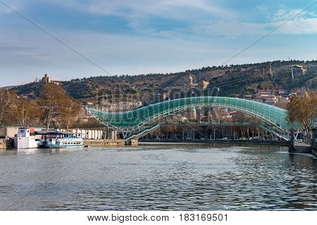 TBILISI, GEORGIA - APRIL 04, 2017: Street of old city, Tbilisi at the spring. Historically Tbilisi has been home to people of multiple cultural, ethnic, and religious backgrounds.
