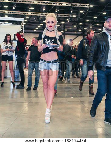 St. Petersburg Russia - 15 April, Visitors and participants of moto salon,15 April, 2017.
International Motor Show IMIS-2017 in Expoforurum.
Visitors and participants of the annual moto-salon in St. Petersburg.