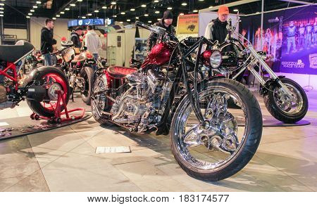 St. Petersburg Russia - 15 April, The gloss of chrome on motobikes,15 April, 2017.
International Motor Show IMIS-2017 in Expoforurum.
Motorcycles and motoconcepts presented at St. Petersburg Motor Show.