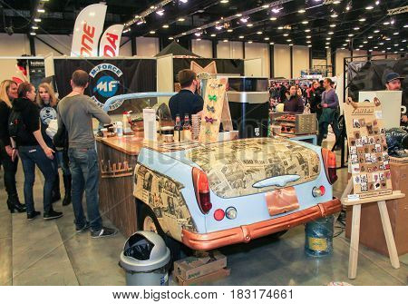 St. Petersburg Russia - 15 April, An impromptu cafe from the car,15 April, 2017.
International Motor Show IMIS-2017 in Expoforurum.
Visitors and participants of the annual moto-salon in St. Petersburg.
