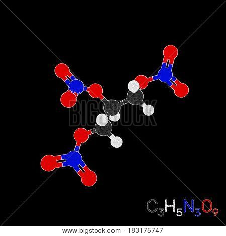 Trinitroglycerin (nitroglycerin) model molecule. Isolated on black background. Sketch illustration.