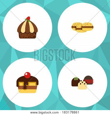 Flat Cake Set Of Biscuit, Cake, Cupcake And Other Vector Objects. Also Includes Shortcake, Pastry, Dessert Elements.