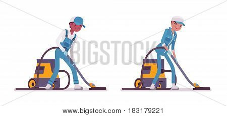 Set of male and female smiling young janitor in a blue suit, vacuum cleaning the floor, professional home and office service, isolated on white background