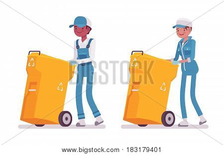 Set of male and female smiling janitor in a blue suit pushing yellow trash can on wheels, plastic garbage container, professional home and office service, isolated on white background