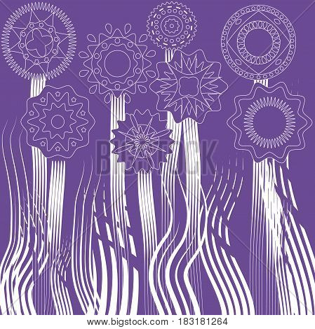 drawing template flowers and grass circles ethnic purple background