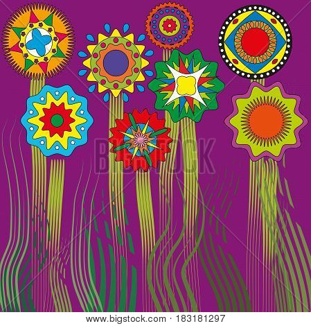 drawing template flowers and grass circles ethnic purple background