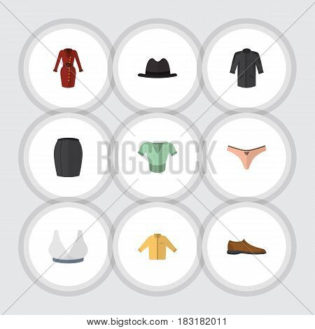 Flat Clothes Set Of Male Footware, Brasserie, Panama And Other Vector Objects. Also Includes Kimono, Footware, Underwear Elements.