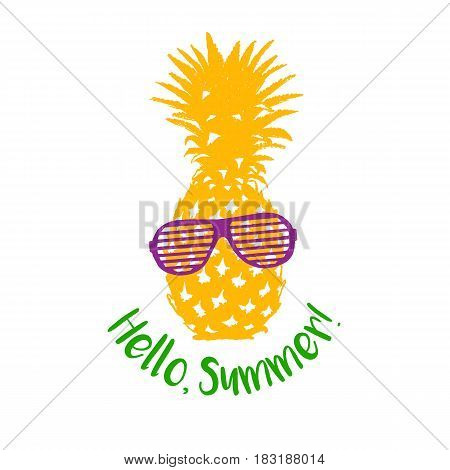 Hand drawn label with textured pineapple vector illustration and 