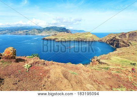 tracking to Ponta de Sao Lourenco. Amazing cliff view panorama, Madeira island, Portugal