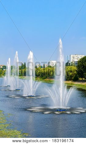 Fountains in Kiev District Rusanovka fountains panorama. Kiev Ukraine