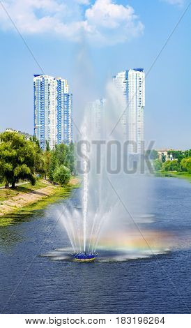 Fountains in Kiev District Rusanovka fountains panorama. Kiev Ukraine