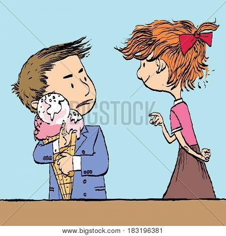 Greedy boy with a big ice cream cone and the girl. Caricature cartoon style hand drawn color illustration