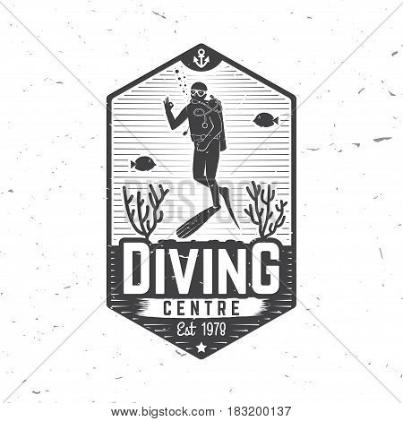 Diving centre. Vector illustration. Concept for shirt or logo, print, stamp or tee. Vintage typography design with diver silhouette.