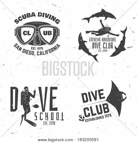 Scuba diving club. Vector illustration. Concept for shirt or logo, print, stamp or tee. Vintage typography design with diving gear silhouette.