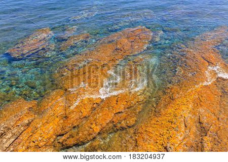 Colorful natural texture with blue sea and yellow rocks close up view