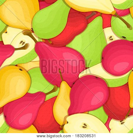 Ripe juicy pear seamless background. Vector card illustration. Closely spaced fresh pear fruits peeled, piece of half, slice. Pear seamless pattern for packaging design food, juce, detox diet