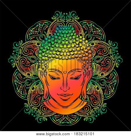Buddha head with paisley ornament, mehendi. The symbol of Hinduism, Buddhism, spirituality and enlightenment. Tattoo, illustration, printing on fabric