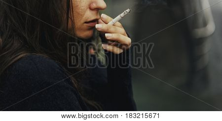 Homeless Adult Woman Smoking Cigarette Addiction