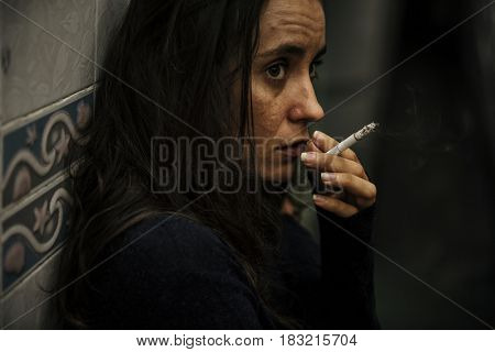 Homeless Adult Woman Smoking Cigarette Addiction