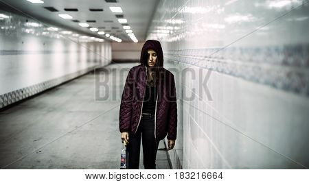 Homeless Alcoholism Woman Holding Liquor Bottle