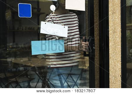 Woman shopping at cafe holiday