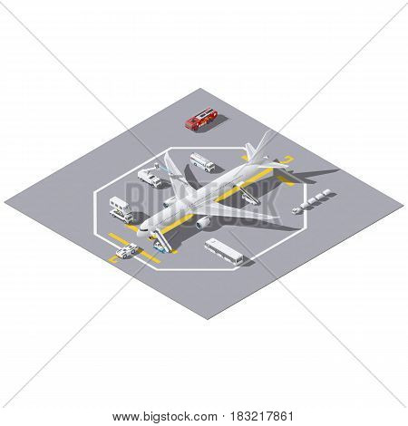 Maintenance of a passenger aircraft isometric icon set vector grpahic illustration