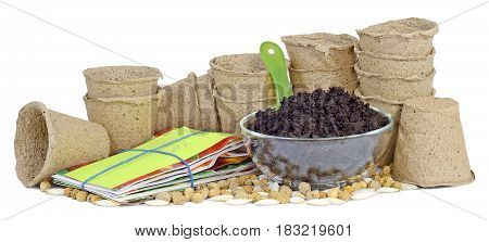 on the table are many pitchers cups of peat earth humus in a glass bowl a green plastic shovel packets of seeds garden plant nasturtiums pumpkins courgettes prepared for planting plants isolated on white background