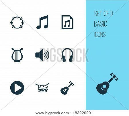 Audio Icons Set. Collection Of Instrument, Earphone, Lyre And Other Elements. Also Includes Symbols Such As Earphone, Button, Timbrel.