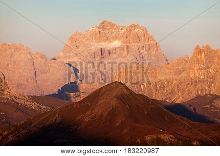 Evening view of gruppo del Sorapis South Tirol dolomites mountains Italy
