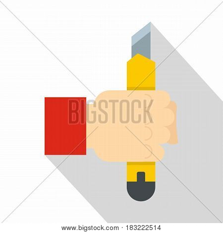 Hand hoding yellow construction utility knife icon. Flat illustration of hand hoding yellow construction utility knife vector icon for web on white background