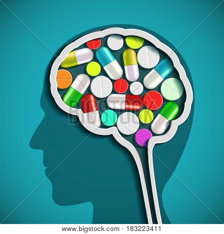 Human head with the brain and pills. Stock vector illustration.