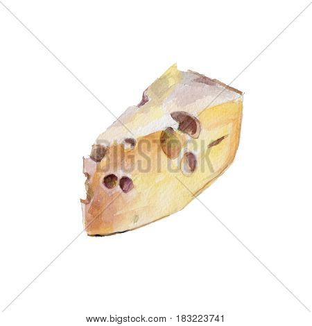 The piece of cheese isolated on white background watercolor illustration in hand-drawn style.