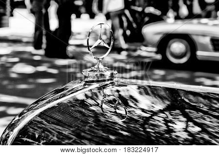 BERLIN - MAY 28: Mercedes-Benz symbol on the hood (Black and White) the exhibition 