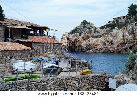 Houses of fishermen in Cala Blava, Mallorca, Balearic Islands, Spain, Europe