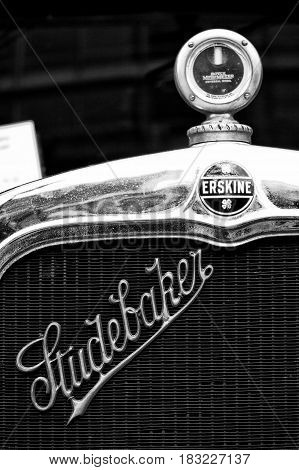 BERLIN - MAY 28: Radiator (engine cooling) and the emblem of the car Erskine (Studebaker) the exhibition 