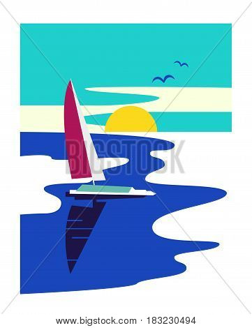 Nautical activity sign. Freehand drawn retro vintage style. Yacht on blue water emblem. Maritime symbol. Sailboat icon. Vector template for marine sailing vacation banner or yachting sport logo design