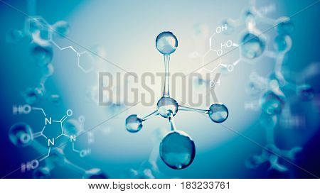 3d illustration of molecule model. Science background with molecules chemical formulas