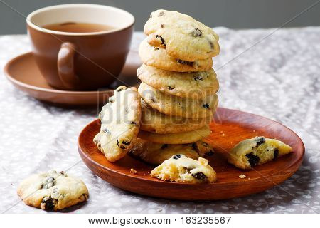 cornmeal chocolate chunk cookies raisins..rustic style.selective focus