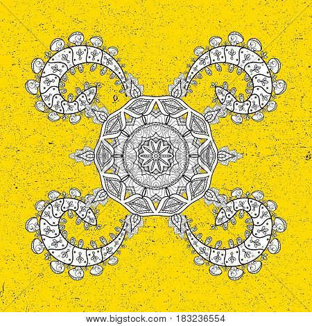 White pattern. Vector oriental ornament. White pattern on yellow background with white elements.