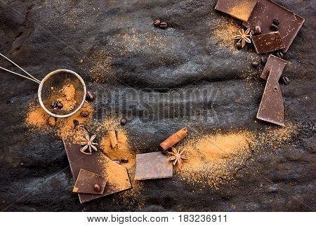 Dark chocolate background. view from above. cocoa