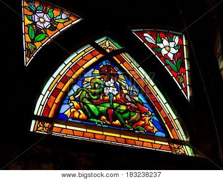 Paris, France, March 26, 2017: Stained Glass Window in Churche Saint Jean de Mormartre