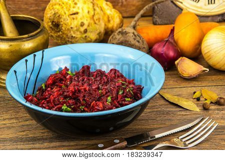 Saute of stewed vegetables with beets. Studio Photo