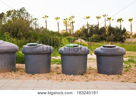 City trash cans. Green overfilled trash dumpster