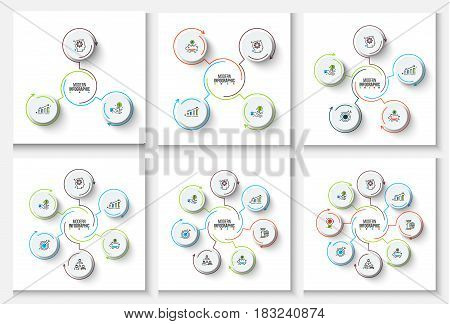 Vector thin lines with circles for infographic. Template for diagram, graph, presentation and chart. Business concept with 3, 4, 5, 6, 7 and 8 options, parts, steps or processes. Stroke icons.