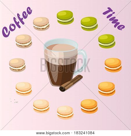 Very high quality original trendy vector illustration cup of cinamon coffee and macaroons cookie