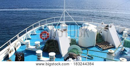 marine accessories on the deck of a ferry on its way in the Mediterranean Sea