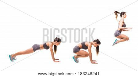 Sport Beauty Woman Do Fitness Exercises On White Background. Woman Demonstrate Begin And End Of Jump
