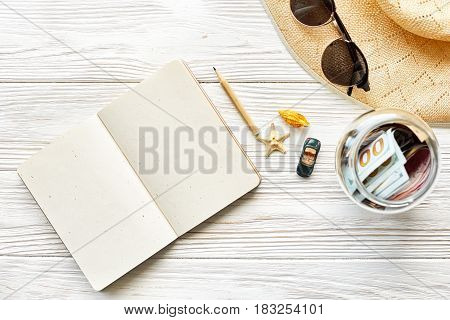Planning Summer Travel Concept And Wanderlust Flat Lay, Space For Text. Empty Notebook With Pen Mone
